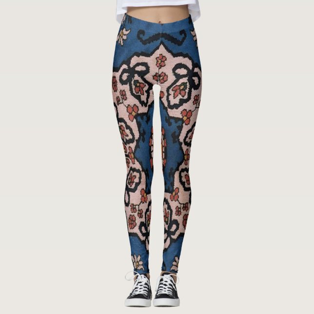 Oriental Blå Turkisk Persisk  Mönster Leggings (Framsida)