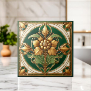 Oriental Blommigt Ornament Tile - Grönt och Guld Kakelplatta