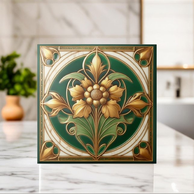 Oriental Blommigt Ornament Tile - Grönt och Guld Kakelplatta (Skapare uppladdad)