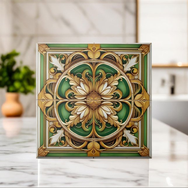 Oriental Blommigt Ornament Tile - Grönt och Guld Kakelplatta (Skapare uppladdad)