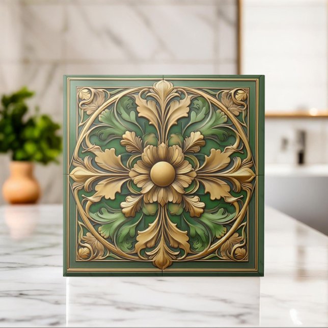 Oriental Blommigt Ornament Tile - Grönt och Guld Kakelplatta (Skapare uppladdad)