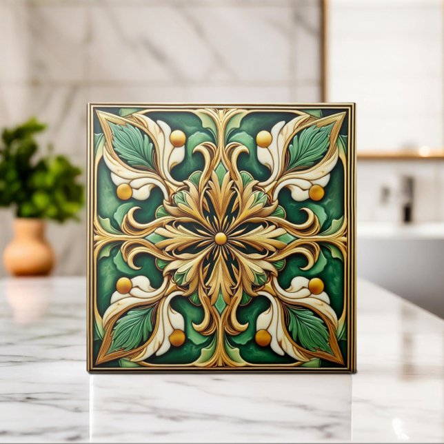 Oriental Blommigt Ornament Tile - Grönt och Guld Kakelplatta (Skapare uppladdad)