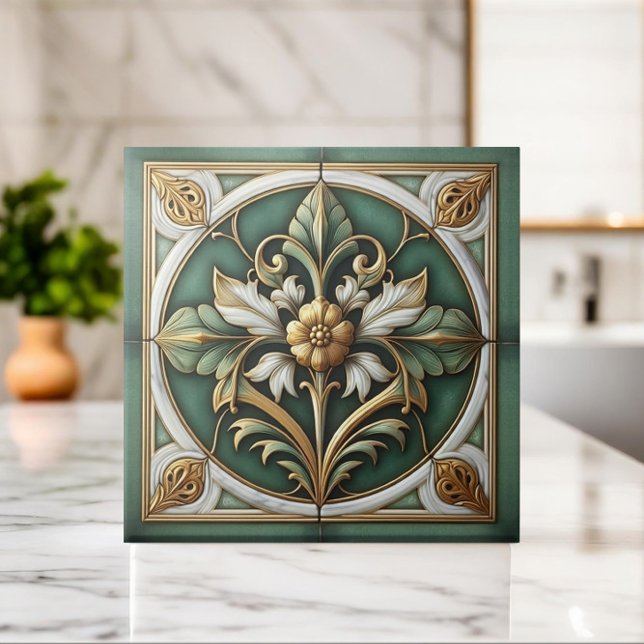 Oriental Blommigt Ornament Tile - Grönt och Guld Kakelplatta (Skapare uppladdad)