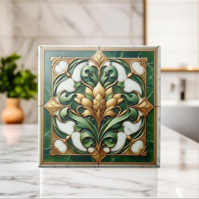 Oriental Blommigt Ornament Tile - Grönt och Guld Kakelplatta (Skapare uppladdad)