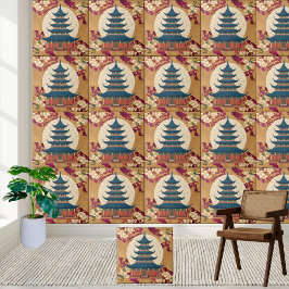 Oriental Blommigt Red Guld Chinoiserie Pagoda Tile Kakelplatta