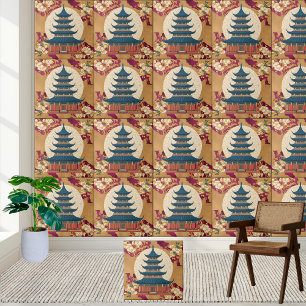 Oriental Blommigt Red Guld Chinoiserie Pagoda Tile Kakelplatta