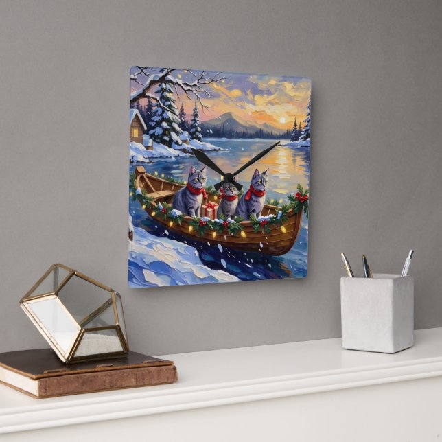 Oriental Blue Cat Christmas Boat Holiday Fyrkantig Klocka (Kontor)