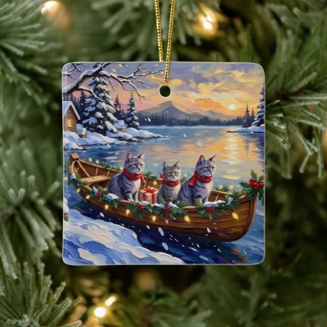 Oriental Blue Cat Christmas Boat Holiday Julgransprydnad Keramik (Träd)