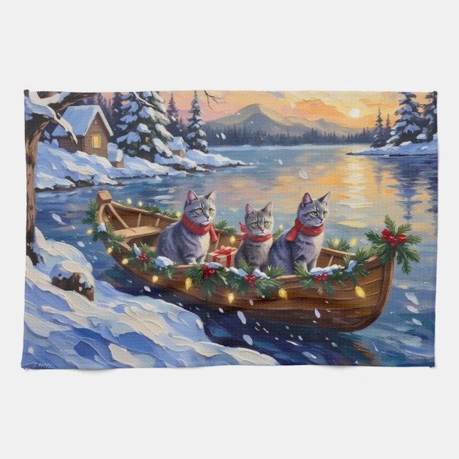 Oriental Blue Cat Christmas Boat Holiday Kökshandduk (Horisontell)