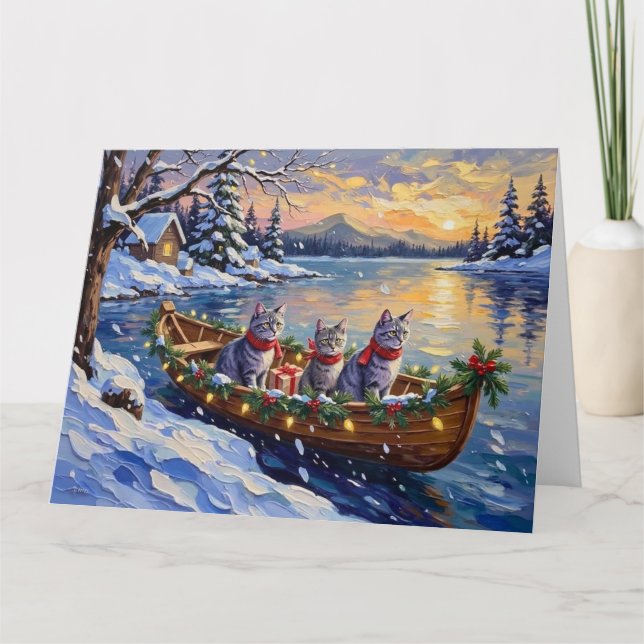 Oriental Blue Cat Christmas Boat Holiday Kort (Framsida)