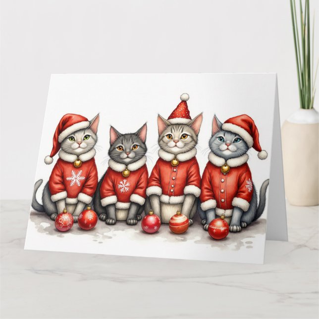 Oriental Blue Cat Christmas Dress Santa Hat Kort (Framsida)