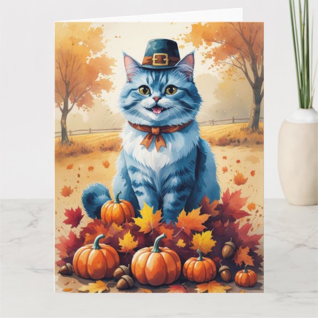 Oriental Blue Cat in Höst löv Thanksgiving Kort (Framsida)