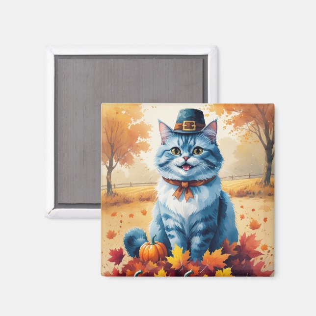 Oriental Blue Cat in Höst löv Thanksgiving Magnet (Front/Back)