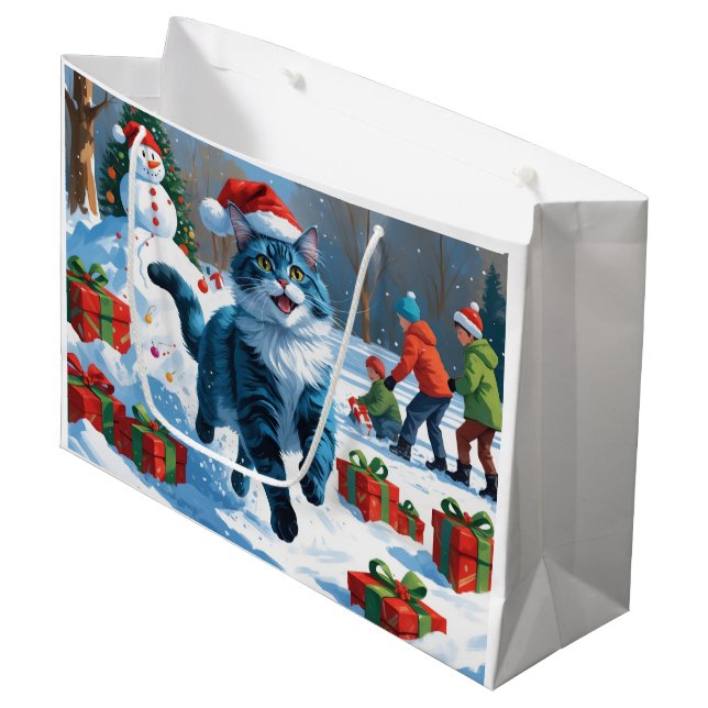 Oriental Blue Cat sittande i snö Julhatt (Framsidan Vinklad)