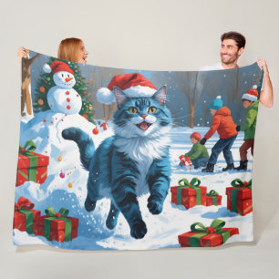 Oriental Blue Cat sittande i snö Julhatt Fleecefilt