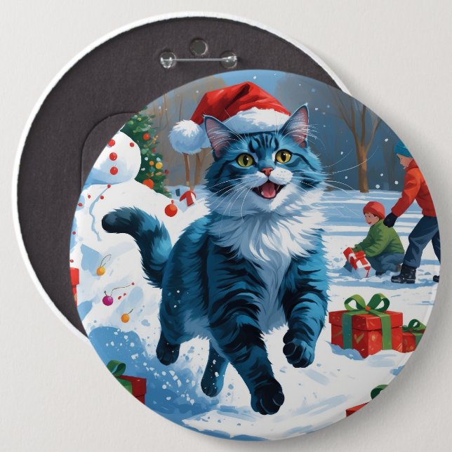 Oriental Blue Cat sittande i snö Julhatt Knapp (Framsida & baksida)