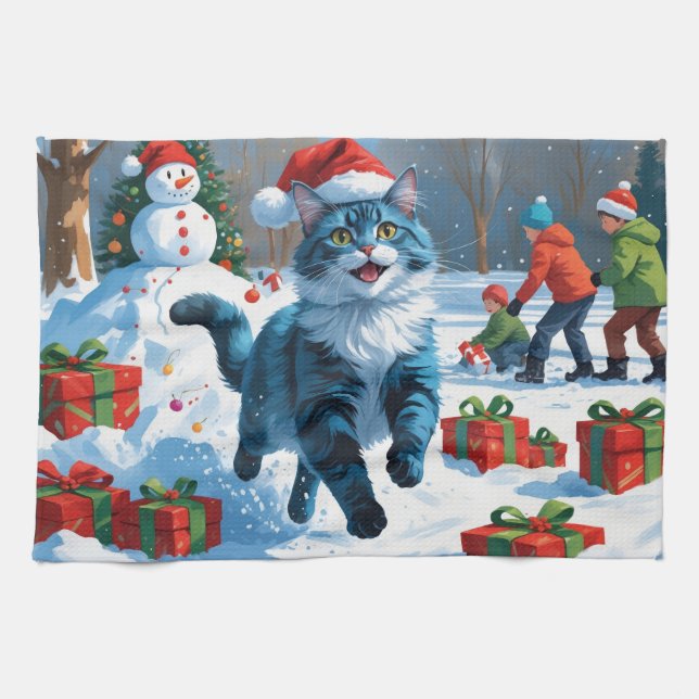Oriental Blue Cat sittande i snö Julhatt Kökshandduk (Horisontell)