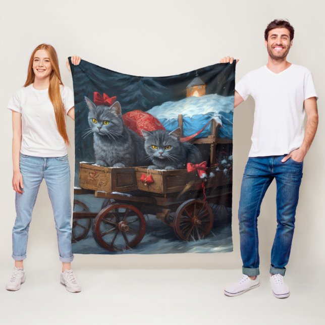 Oriental Blue Cat Snowy Sleigh-juldekretet Fleecefilt (På plats)