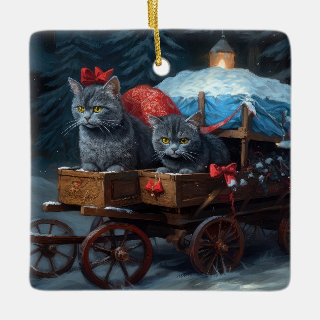 Oriental Blue Cat Snowy Sleigh-juldekretet Julgransprydnad Keramik (Framsida)