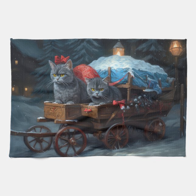 Oriental Blue Cat Snowy Sleigh-juldekretet Kökshandduk (Horisontell)