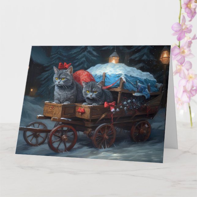 Oriental Blue Cat Snowy Sleigh-juldekretet Kort (Orkide)