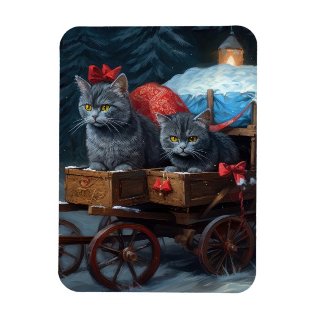 Oriental Blue Cat Snowy Sleigh-juldekretet Magnet (Vertikal)