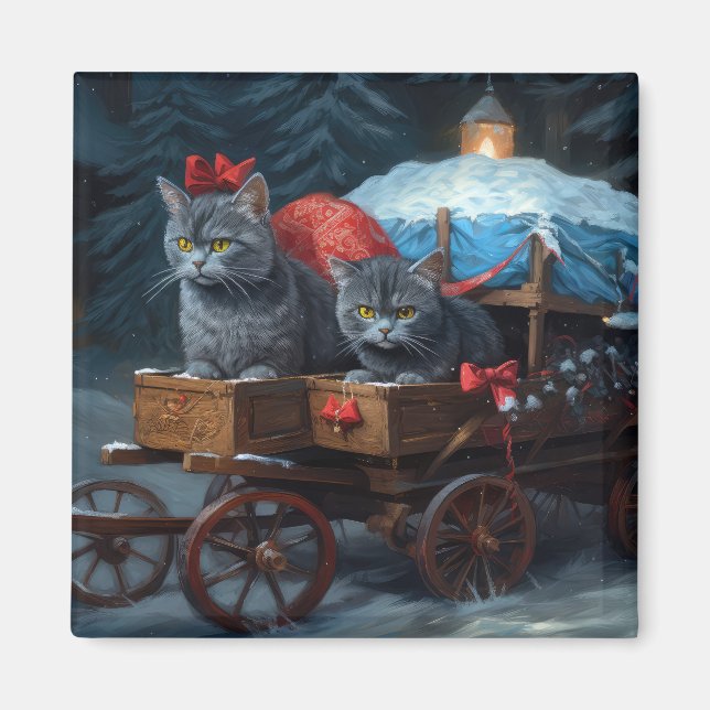 Oriental Blue Cat Snowy Sleigh-juldekretet Magnet (Framsidan)