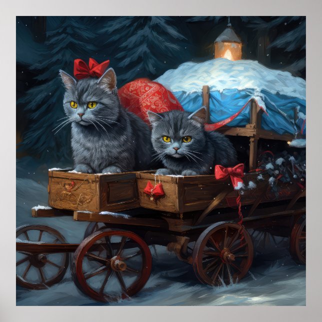 Oriental Blue Cat Snowy Sleigh-juldekretet Poster (Framsidan)