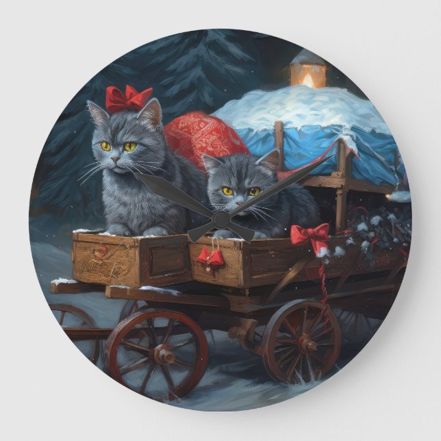 Oriental Blue Cat Snowy Sleigh-juldekretet Stor Klocka (Framsida)