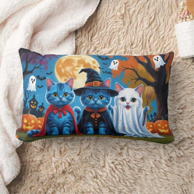Oriental Blue Cats Pumpkin Halloween Funny Lumbarkudde (Filt)