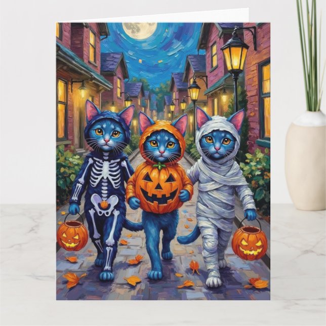 Oriental Blue Cats Trick eller Treating Halloween Kort (Framsida)
