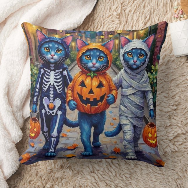 Oriental Blue Cats Trick eller Treating Halloween Kudde (Filt)