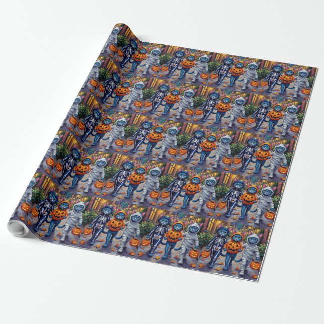 Oriental Blue Cats Trick eller Treating Halloween Presentpapper (Utrullad)