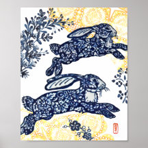 Oriental Blue och White Chinoiserie Bunny Rabbit