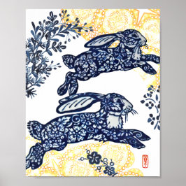 Oriental Blue och White Chinoiserie Bunny Rabbit Poster