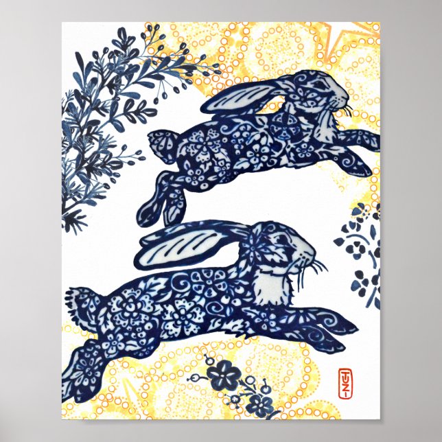 Oriental Blue och White Chinoiserie Bunny Rabbit Poster (Framsidan)