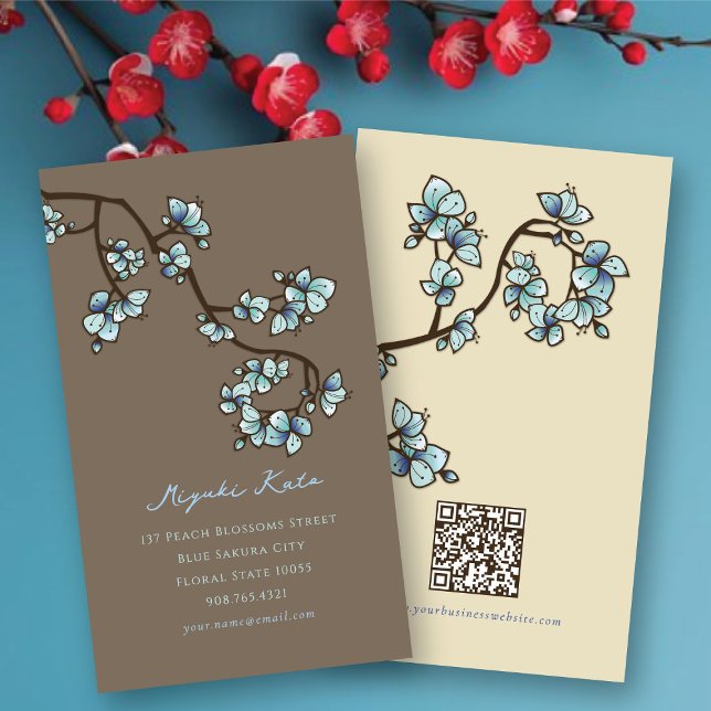 Oriental Blue Peach Blommars Elegant Chic Sakura Visitkort (Oriental Blue Peach Blossoms Elegant Chic Sakura Spring Flowers Business/Profile Card @ fat_fa_tin)