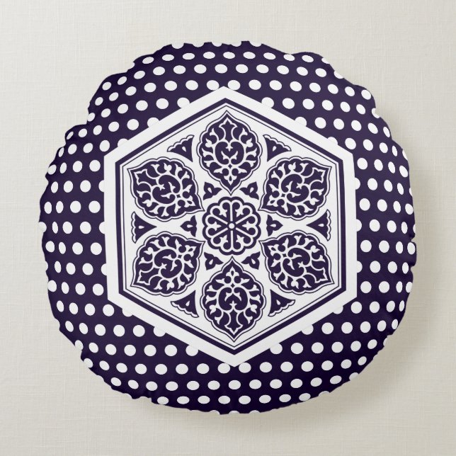 Oriental Blue Turkental Rosette Geometric Oriental Rund Kudde (Framsidan)