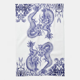 Oriental Blue White Dragon China Fire & Vatten Kökshandduk