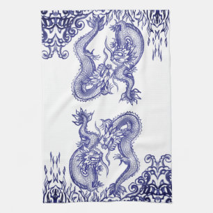 Oriental Blue White Dragon China Fire & Vatten Kökshandduk