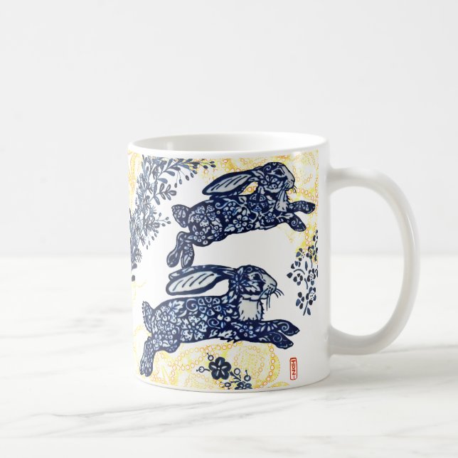 Oriental Blue White Guld Rabbit Blommigt Chinoiser Kaffemugg (Höger)