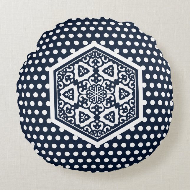 Oriental Blue White Ottoman Turkansk spårekonst Rund Kudde (Framsidan)