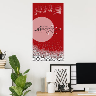Oriental Bright Måne Sväljer Birds Zen Modern Art Poster