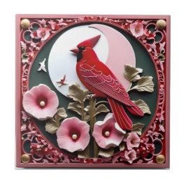 Oriental Carved Panel: Kardinal and Hollyhocks Kakelplatta