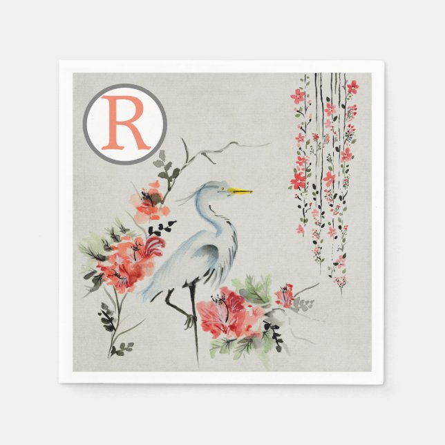 Oriental Crane Rosa Blommigt Chinoiserie Monogram Pappersservett (Framsidan)