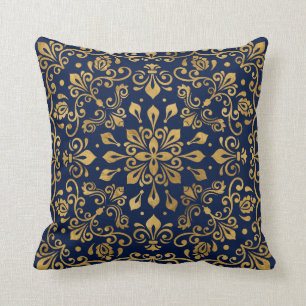 Oriental Damask Ornament - Guld på mörk blått # Kudde