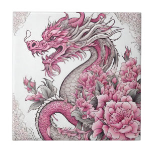 Oriental Dragon and Rosa Flowers Kakelplatta