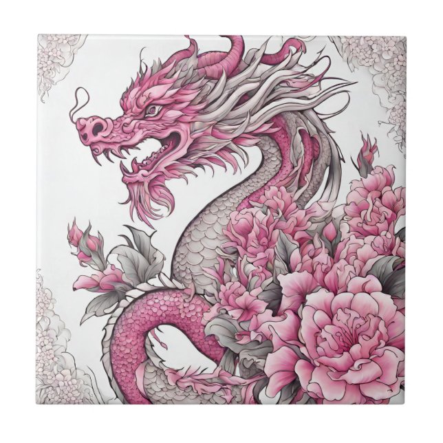 Oriental Dragon and Rosa Flowers Kakelplatta (Framsidan)