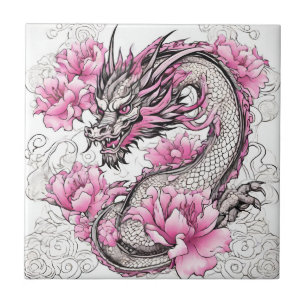 Oriental Dragon with Vibrant Rosa Flowers Kakelplatta