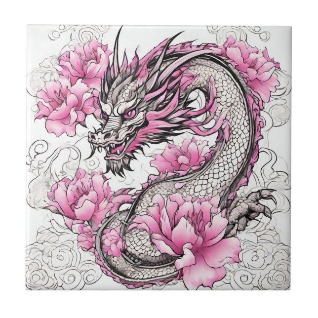 Oriental Dragon with Vibrant Rosa Flowers Kakelplatta (Framsidan)